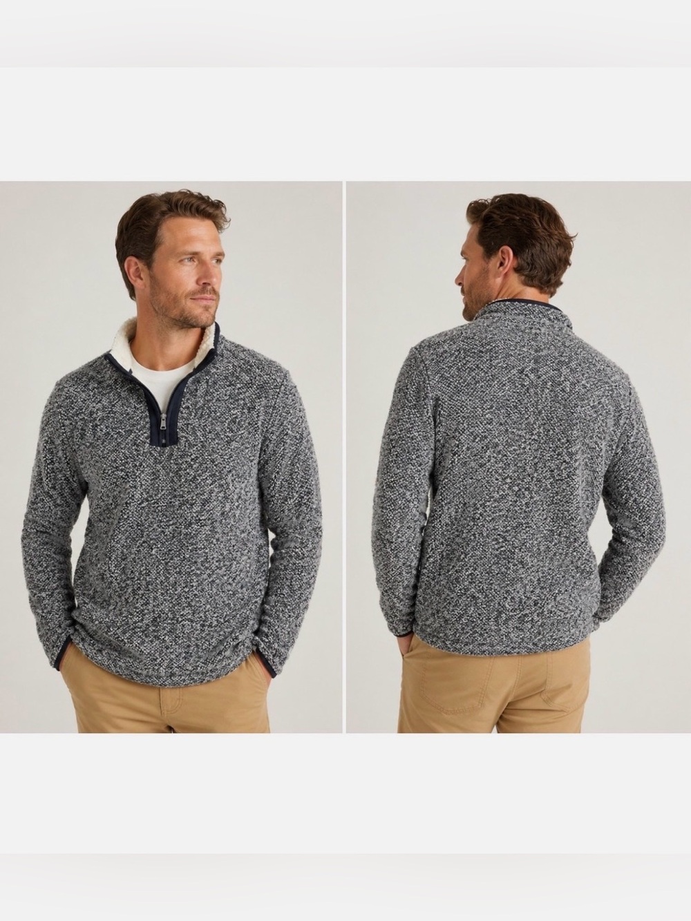 Orvis Men's Blue Gray Marled Zip-Neck Sherpa Collar Sweater - M
